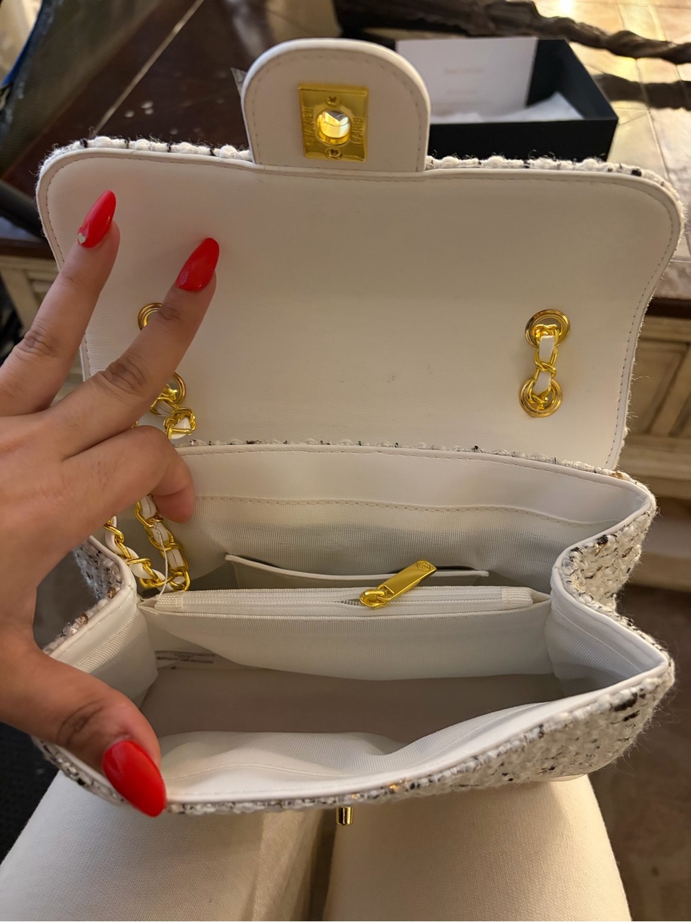 White Tweed VIP Shoulder Bag | Gold Hardware | Branded Gift Bag - Picture 7 of 14